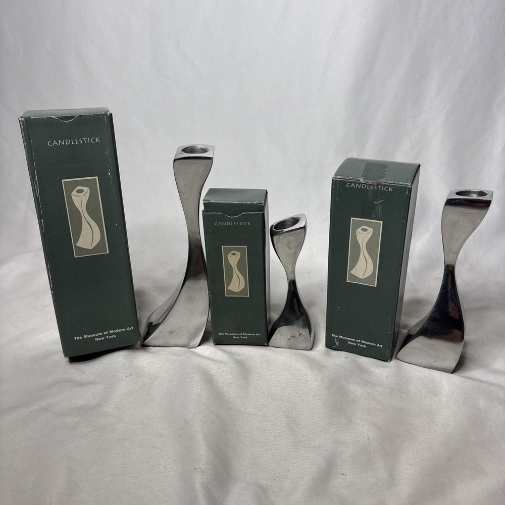 Vtg 1997 MoMA Cec LePage Cast Aluminum Candlestick Holders Set Of 3 W/box